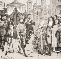 Szent Remy, Reims püspöke kéri Clovis királyt (465-511), hogy adják vissza a frankok által Soissons kifosztása során ellopott szent vázát, a „Császárok története” kéziratának miniatűrje után.